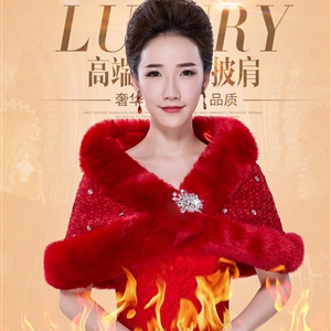 Pretty Crystal Bridal Lace Fur Scarf Shawls Women Winter Warm Solid Panties 130*30CM - Red
