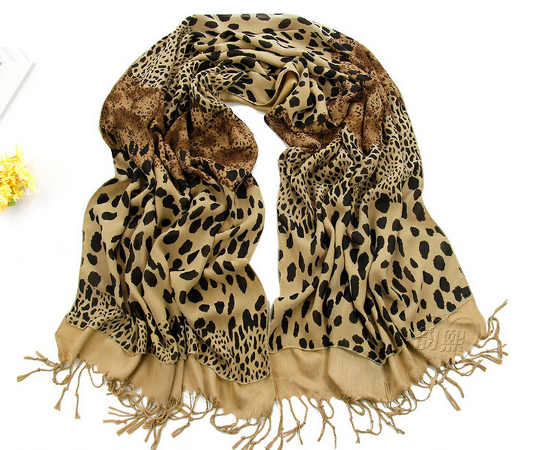 Pretty Fringed Leopard Print Scarf Shawls Women Winter Warm Chiffon Cotton 186*63CM - Coffee