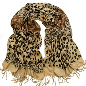Pretty Fringed Leopard Print Scarf Shawls Women Winter Warm Chiffon Cotton 186*63CM - Coffee