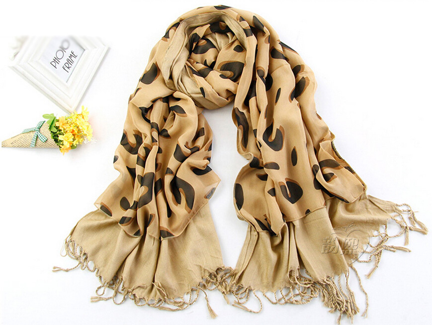 Pretty Fringed Leopard Print Scarf Shawls Women Winter Warm Chiffon Cotton 186*63CM - Khaki