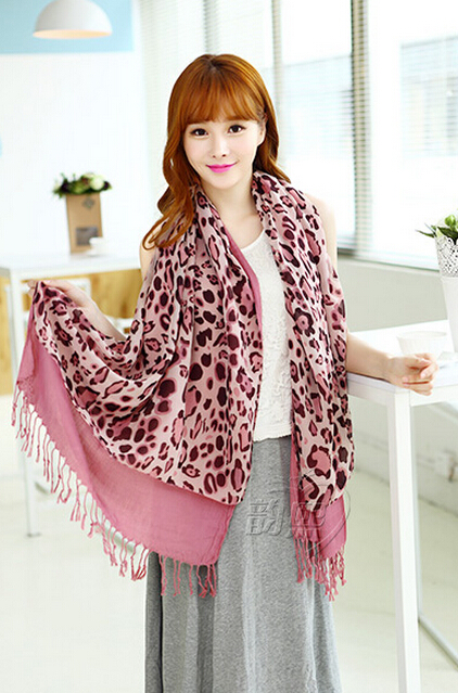Pretty Fringed Leopard Print Scarf Shawls Women Winter Warm Chiffon Cotton 186*63CM - Pink
