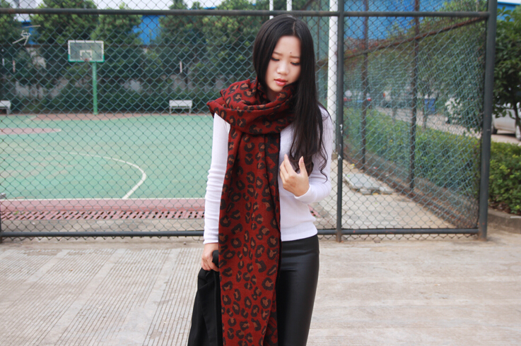 Pretty Leopard Print Scarves Wrap Women Winter Warm Cashmere Panties 195*70CM - Red