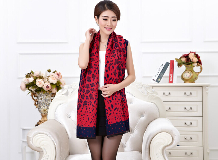 Quality Leopard Print Scarf Shawls Women Winter Warm Cashmere Panties 180*30CM - Red