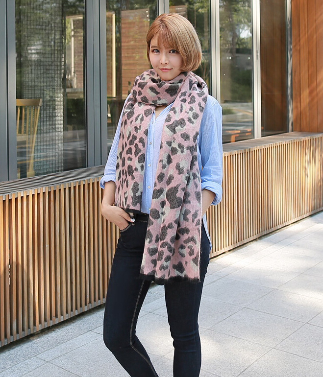 Quality Leopard Print Scarf Shawls Women Winter Warm Wool Panties 221*50CM - Pink