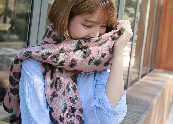 Quality Leopard Print Scarf Shawls Women Winter Warm Wool Panties 221*50CM - Pink