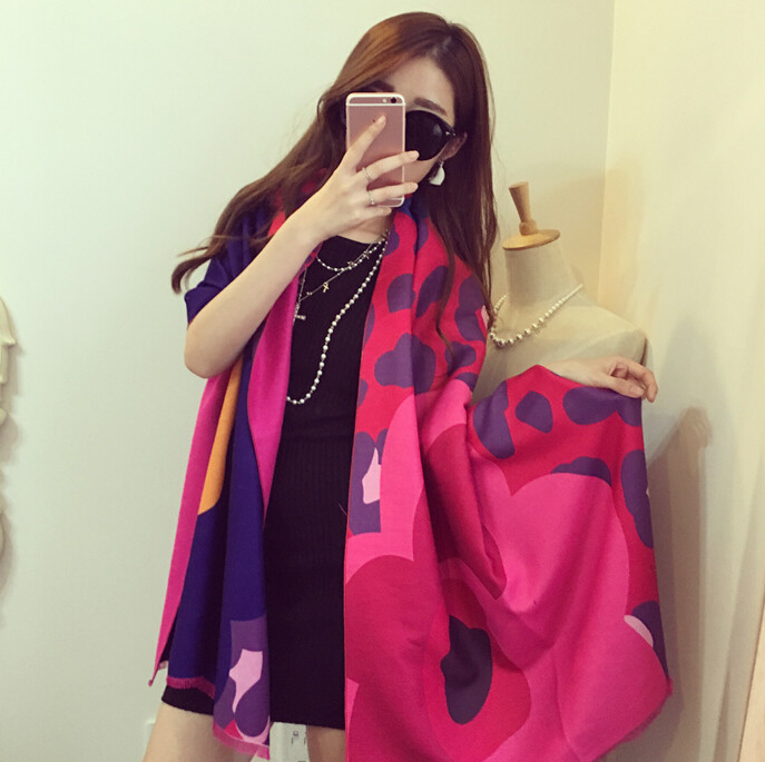 Unique Floral Cow Print Scarf Shawls Women Winter Warm Wool Panties 200*60CM - Rose