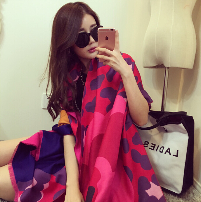 Unique Floral Cow Print Scarf Shawls Women Winter Warm Wool Panties 200*60CM - Rose
