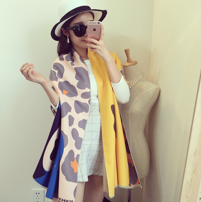 Unique Floral Cow Print Scarf Shawls Women Winter Warm Wool Panties 200*60CM - Yellow
