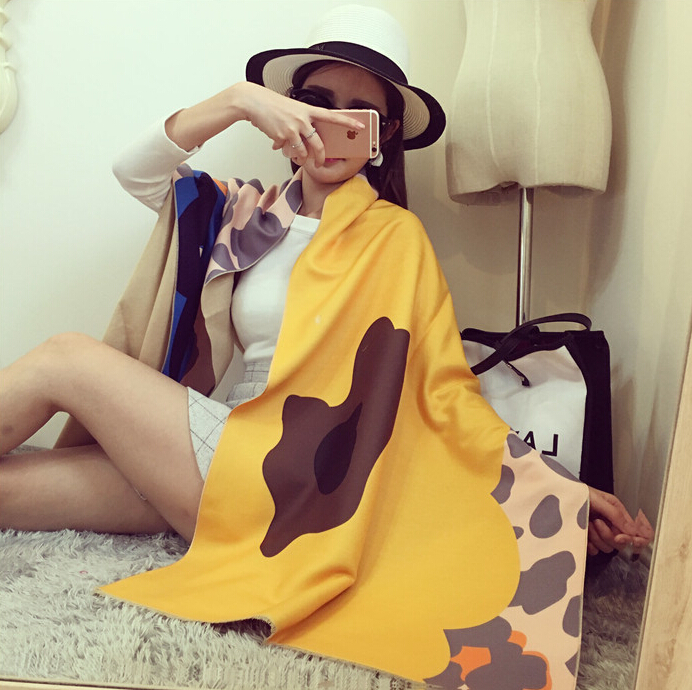 Unique Floral Cow Print Scarf Shawls Women Winter Warm Wool Panties 200*60CM - Yellow