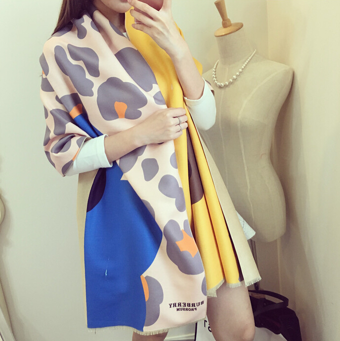 Unique Floral Cow Print Scarf Shawls Women Winter Warm Wool Panties 200*60CM - Yellow