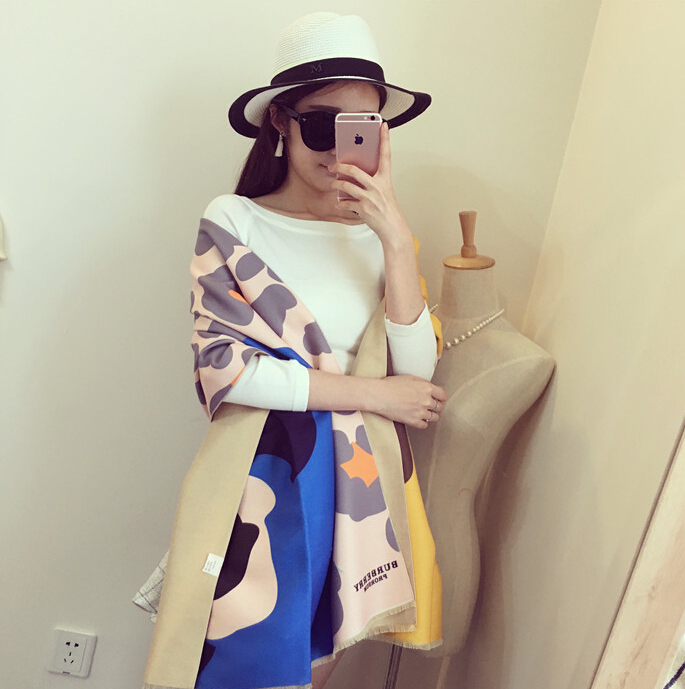 Unique Floral Cow Print Scarf Shawls Women Winter Warm Wool Panties 200*60CM - Yellow
