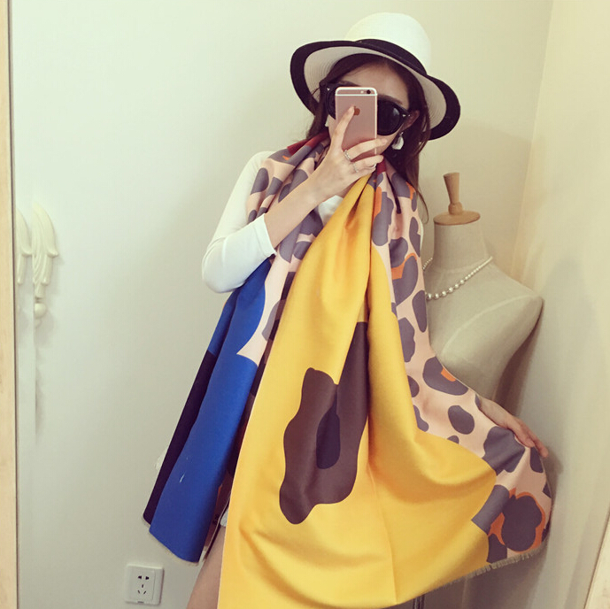 Unique Floral Cow Print Scarf Shawls Women Winter Warm Wool Panties 200*60CM - Yellow