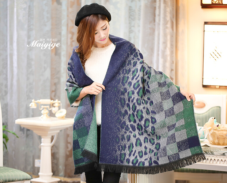 Unique Leopard Print Scarves Wrap Women Winter Warm Cashmere 200*65CM - Blue