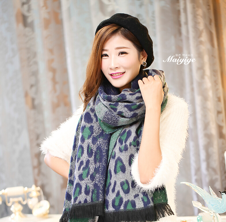 Unique Leopard Print Scarves Wrap Women Winter Warm Cashmere 200*65CM - Blue