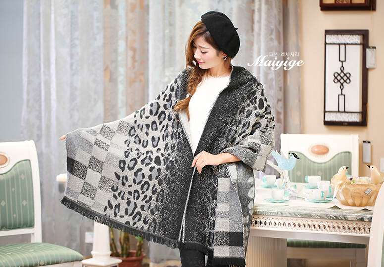Unique Leopard Print Scarves Wrap Women Winter Warm Cashmere 200*65CM - Grey