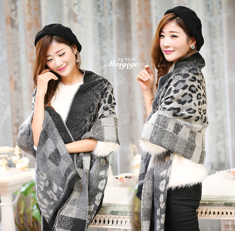 Unique Leopard Print Scarves Wrap Women Winter Warm Cashmere 200*65CM - Grey