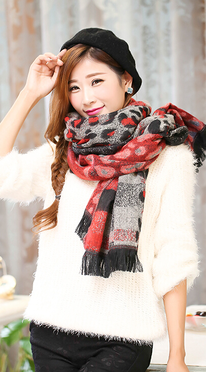 Unique Leopard Print Scarves Wrap Women Winter Warm Cashmere 200*65CM - Red