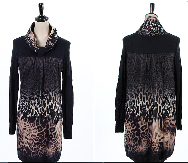 Beautiful Dresses Winter Ladies Knitted Printed Leopard Print Long Sleeved - Black