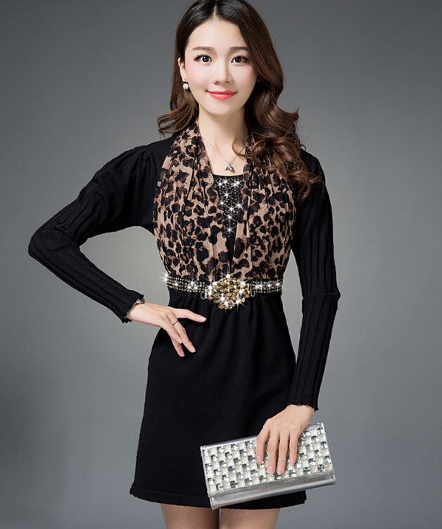 Classy Dresses Winter Ladies Leopard Print Tunic Sweater Knitted - Black