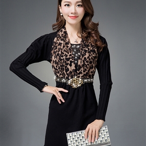 Classy Dresses Winter Ladies Leopard Print Tunic Sweater Knitted - Black