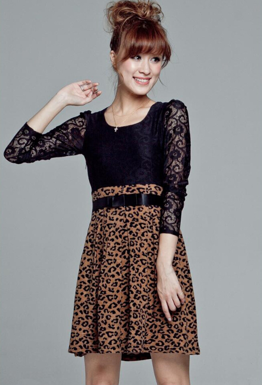 Cute Dresses Spring Girls Printed Long Sleeve Leopard Print Floral - Coffee