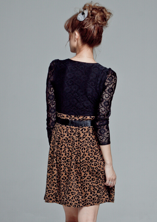 Cute Dresses Spring Girls Printed Long Sleeve Leopard Print Floral - Coffee