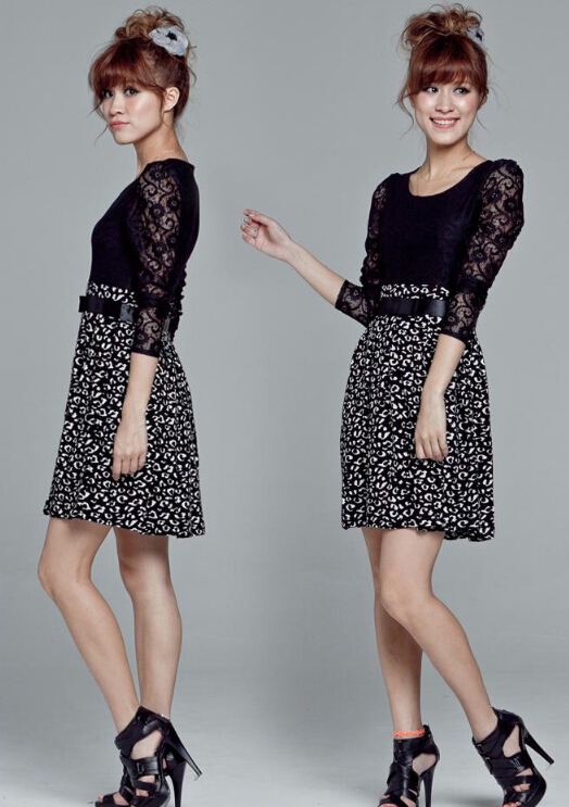 Cute Dresses Spring Girls Printed Long Sleeve Leopard Print Floral - White Black
