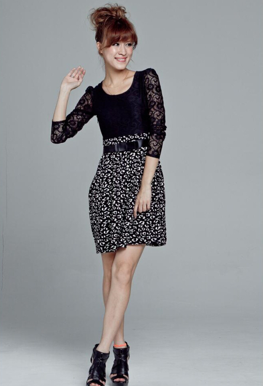 Cute Dresses Spring Girls Printed Long Sleeve Leopard Print Floral - White Black