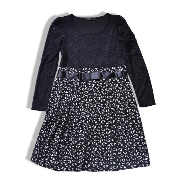 Cute Dresses Spring Girls Printed Long Sleeve Leopard Print Floral - White Black