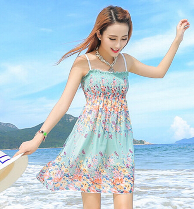 Cute Dresses Summer Girls Affordable Flower Bohemian Coast Chiffon - Cyan