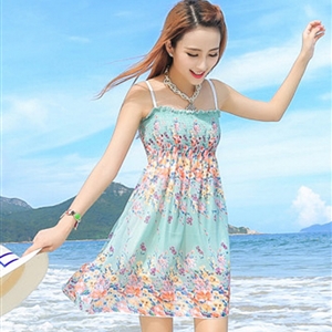 Cute Dresses Summer Girls Affordable Flower Bohemian Coast Chiffon - Cyan
