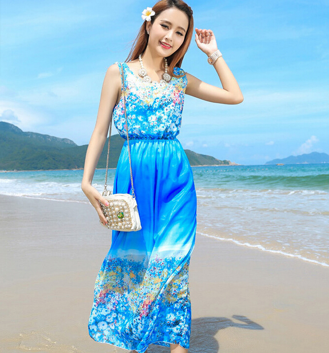 Cute Dresses Summer Girls Affordable Flower Bohemian Coast Chiffon Long - Blue