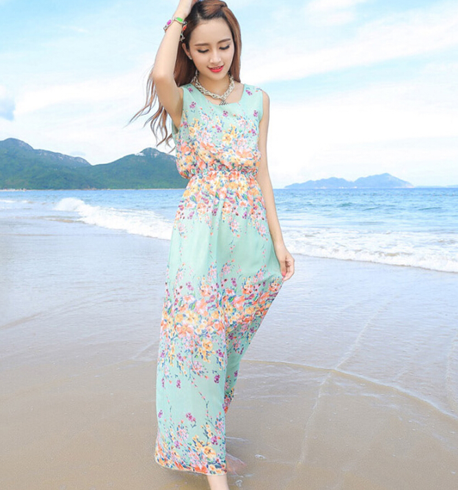 Cute Dresses Summer Girls Affordable Flower Bohemian Coast Chiffon Long - Cyan