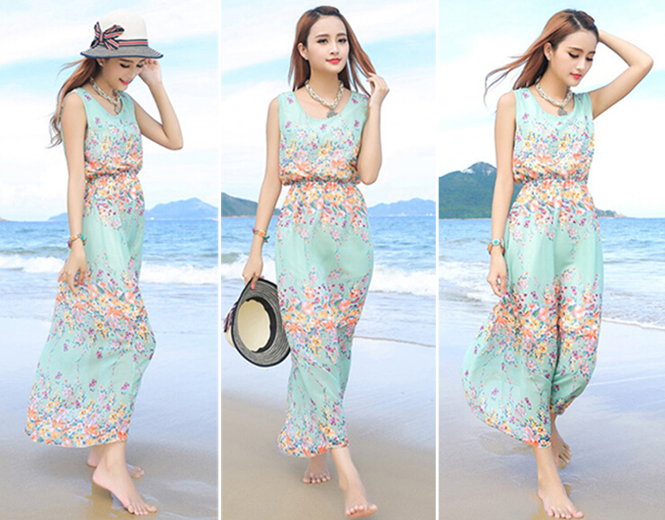Cute Dresses Summer Girls Affordable Flower Bohemian Coast Chiffon Long - Cyan