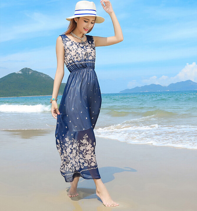 Cute Dresses Summer Girls Affordable Flower Bohemian Coast Chiffon Long - Navy Blue
