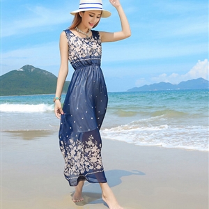 Cute Dresses Summer Girls Affordable Flower Bohemian Coast Chiffon Long - Navy Blue