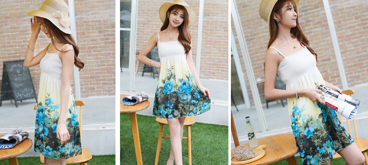 Cute Dresses Summer Girls Affordable Flower Bohemian Coast Chiffon - White Blue
