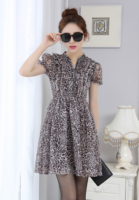 Dresses Summer Girls Silk Printed Lantern Sleeve Leopard Print Plus Size - Coffee
