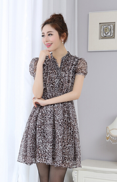 Dresses Summer Girls Silk Printed Lantern Sleeve Leopard Print Plus Size - Coffee