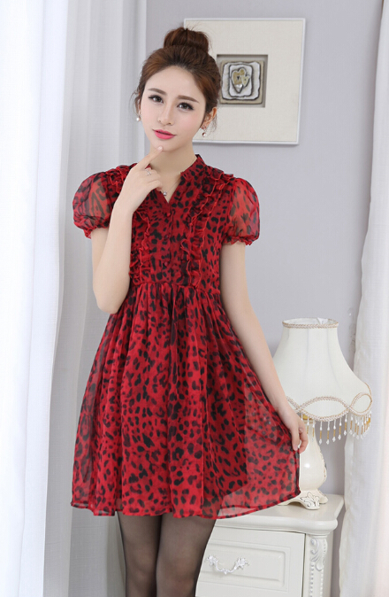 Dresses Summer Girls Silk Printed Lantern Sleeve Leopard Print Plus Size - Red