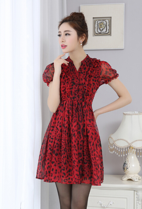 Dresses Summer Girls Silk Printed Lantern Sleeve Leopard Print Plus Size - Red
