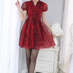 Dresses Summer Girls Silk Printed Lantern Sleeve Leopard Print Plus Size - Red