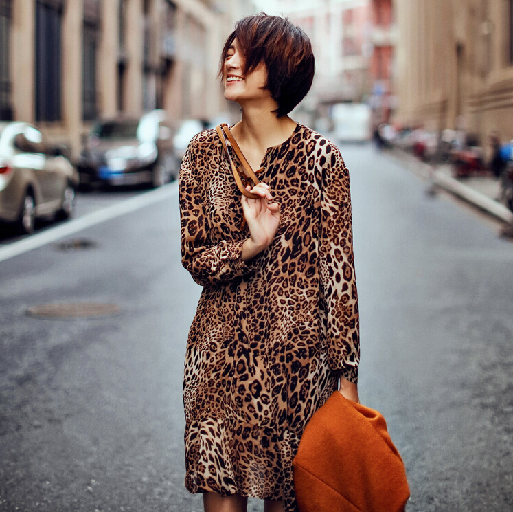 Elegant Dresses Fall Leopard Print Women Long Sleeve Ruffle - Coffee