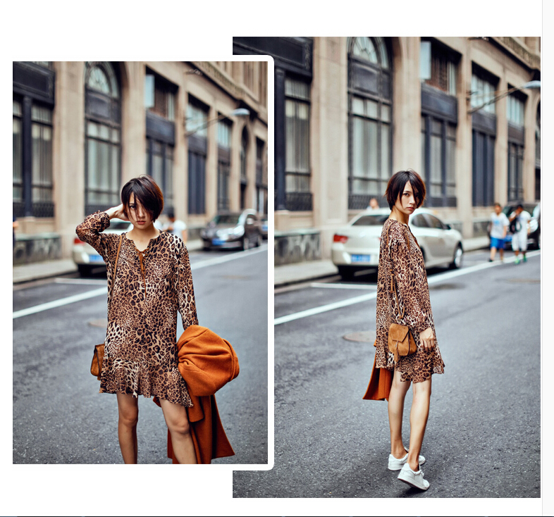 Elegant Dresses Fall Leopard Print Women Long Sleeve Ruffle - Coffee