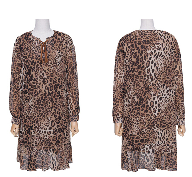 Elegant Dresses Fall Leopard Print Women Long Sleeve Ruffle - Coffee