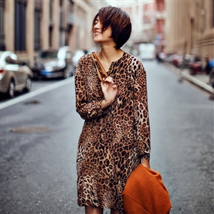 Elegant Dresses Fall Leopard Print Women Long Sleeve Ruffle - Coffee