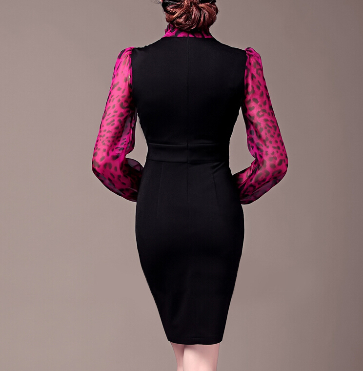 Elegant Dresses Spring Leopard Print Women Plus Size Long Lantern Sleeve - Black Red