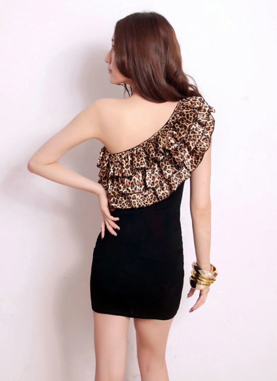 Elegant Dresses Summer Leopard Print Women Strapless Ruffle Sexy Short - Black