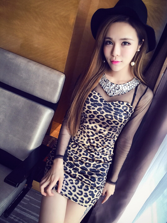 Elegant Dresses Winter Leopard Print Women Long Sleeve Backless - Coffee