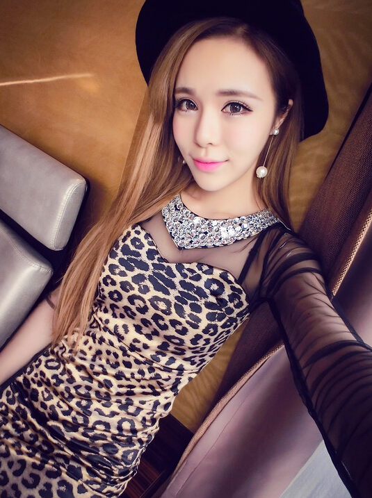 Elegant Dresses Winter Leopard Print Women Long Sleeve Backless - Coffee